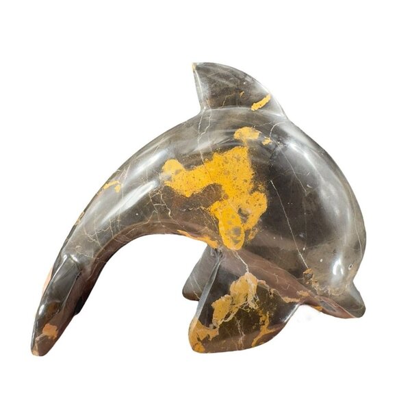 Hand Polished Marble Heavy Dolphin Figurine Animal Brown Multicolor Vintage - Picture 1 of 14